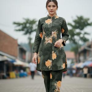 Women’s Olive Green Floral Printed Co-Ord Set – Stylish Kurti & Pant Outfit